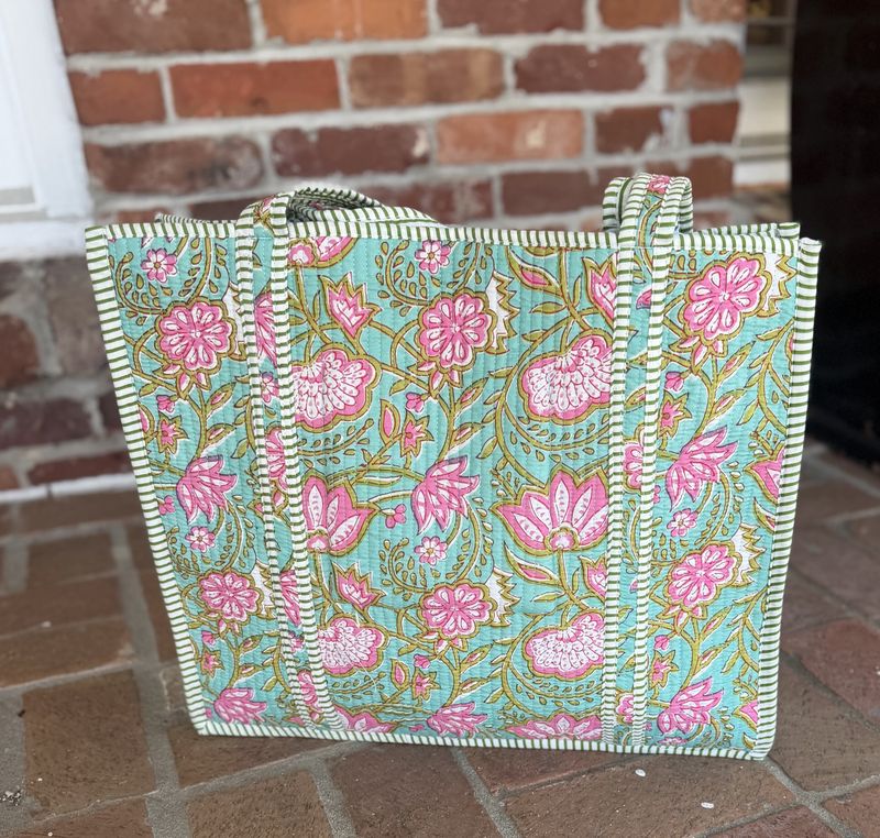 Mint Blossom Mint/Pink Quilted Tote