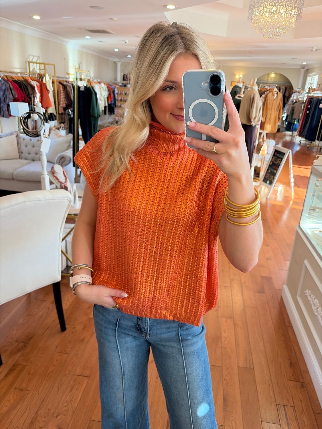 Turn Heads &amp; Shine Bright, Orange Metallic Sweater
