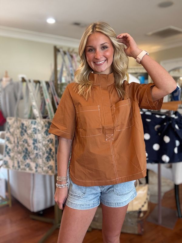 Ease Your Mind Camel Top With Hidden Buttons