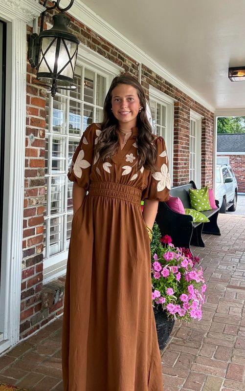 You Know The Deal Chestnut Brown Embroidered Midi Dress