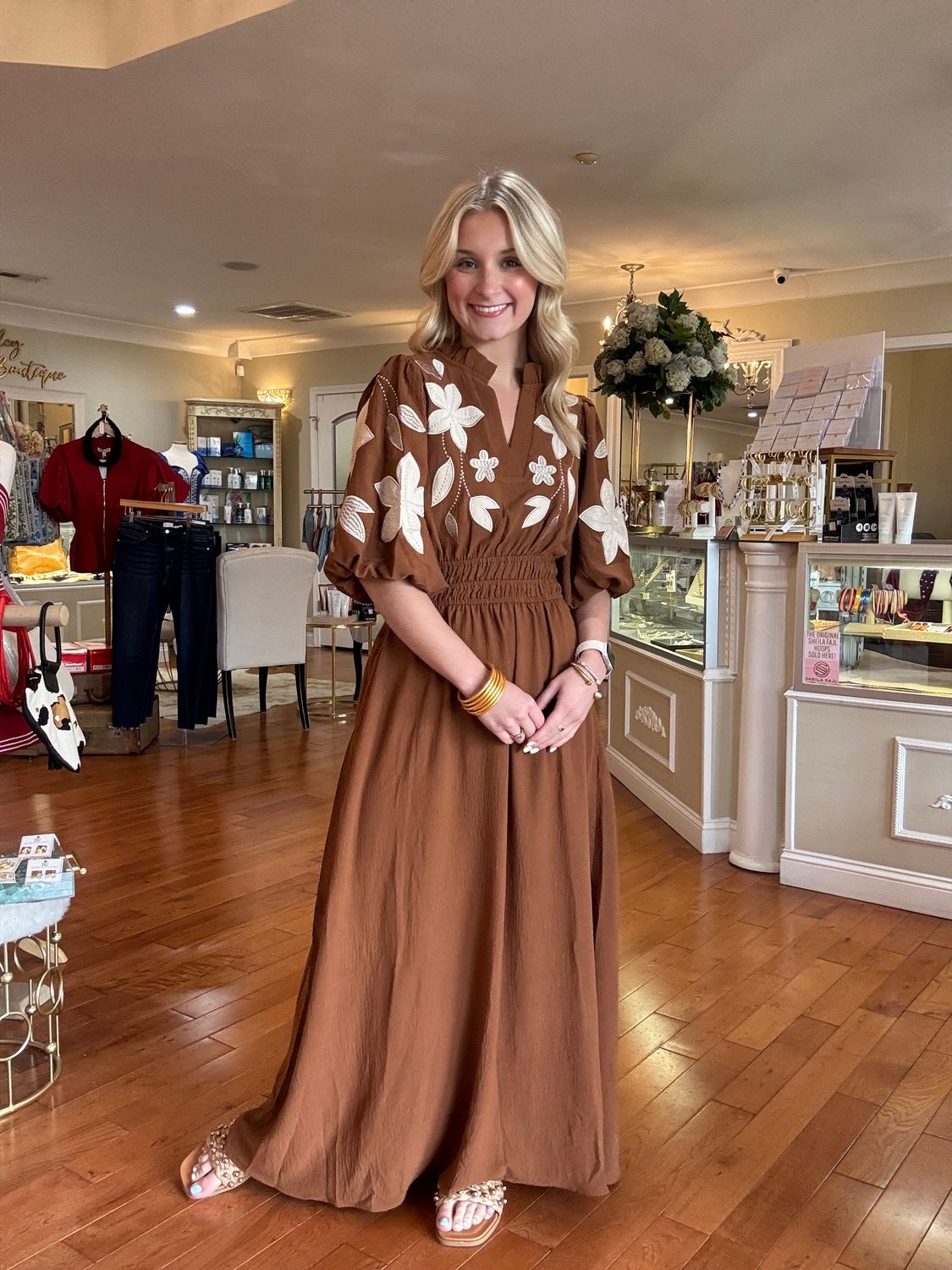 You Know The Deal Chestnut Brown Embroidered Midi Dress