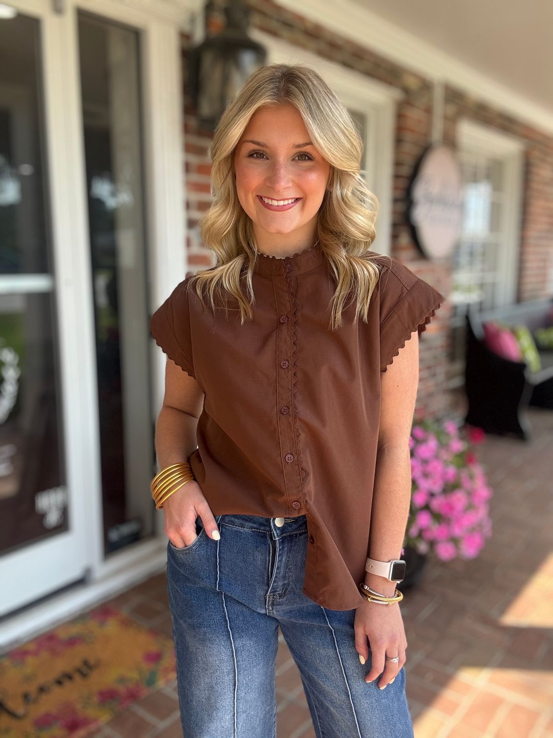 One More Chance Brown Button Down top With Rick Rack Detail
