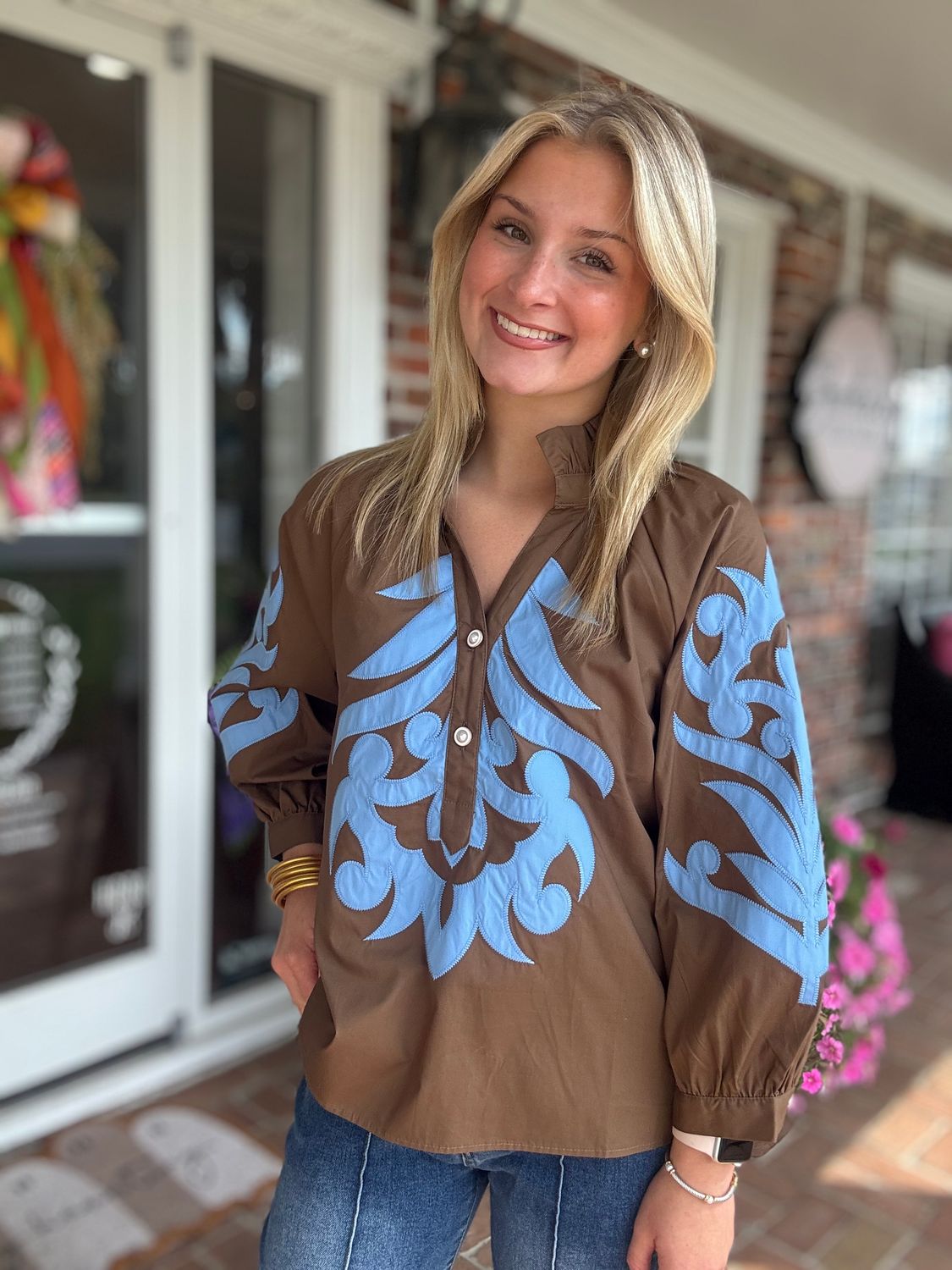 Here For It Brown Top With Blue Embroidered Detail