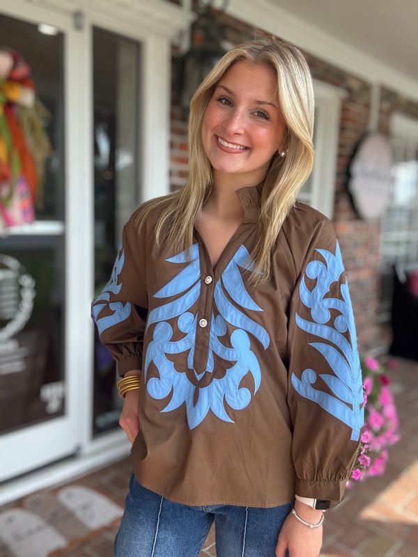 Here For It Brown Top With Blue Embroidered Detail