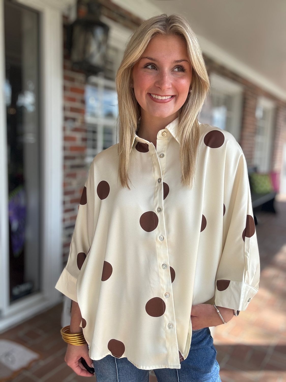 Feeling Some Kind Of Way Cream With Brown Polka Dots Top