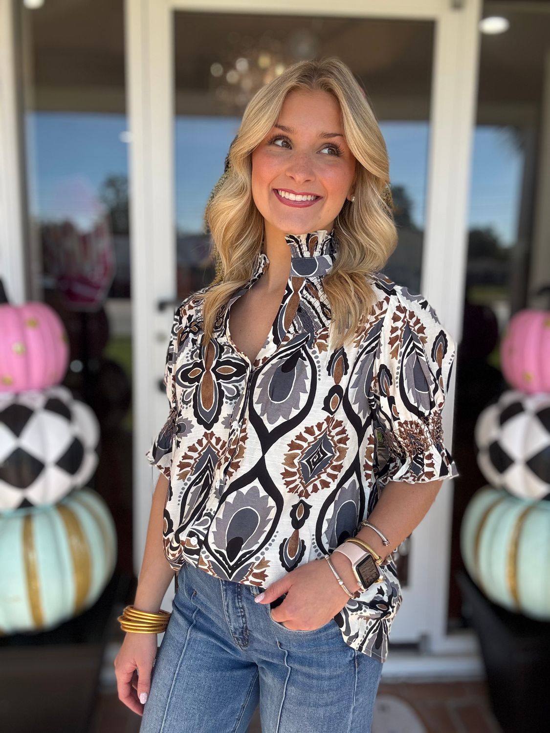 Season of Romance, Puff Sleeve Boho Print Blouse