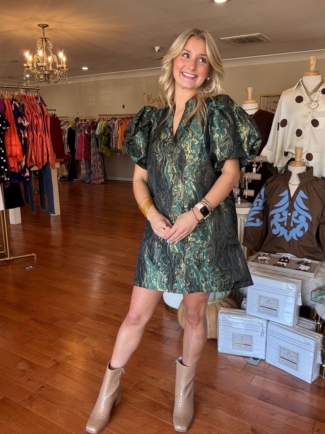 Keeping Heads Turned Metallic Jacquard Mini Dress