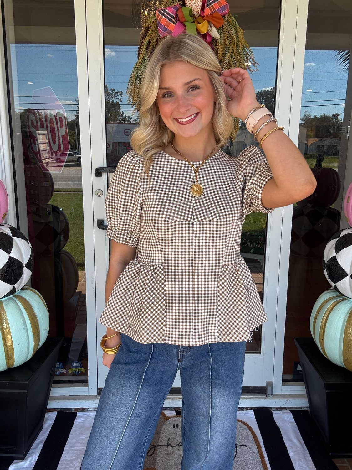 Maple Morning Camel Gingham Peplum Top