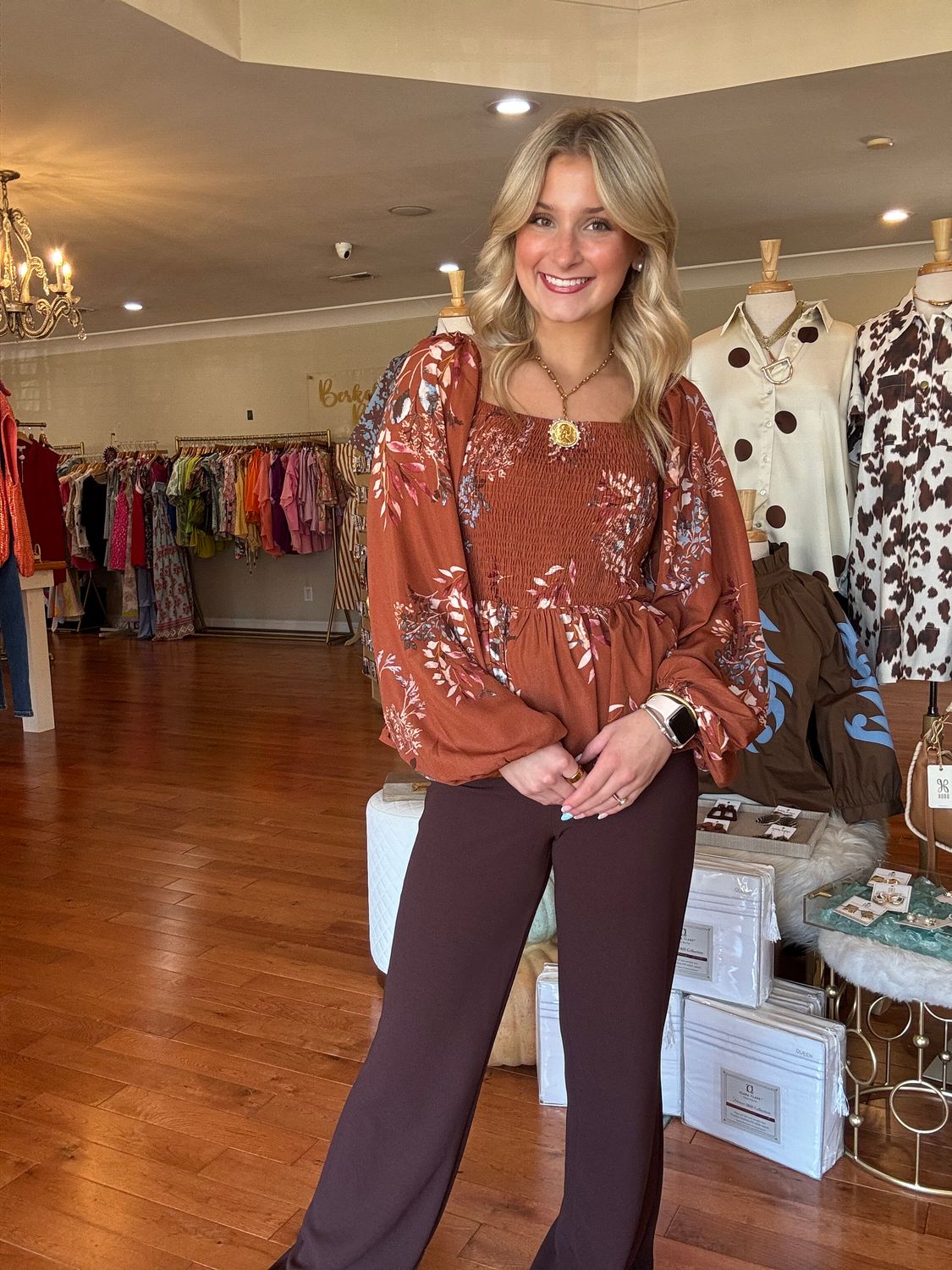 Let's Meet For Lunch Brown Floral Smocked Top