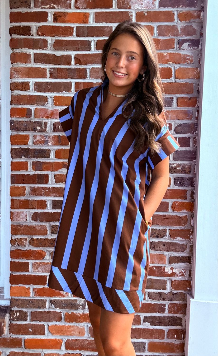 Well You'd Better Believe It Blue/Brown Striped Short Sleeve Dress