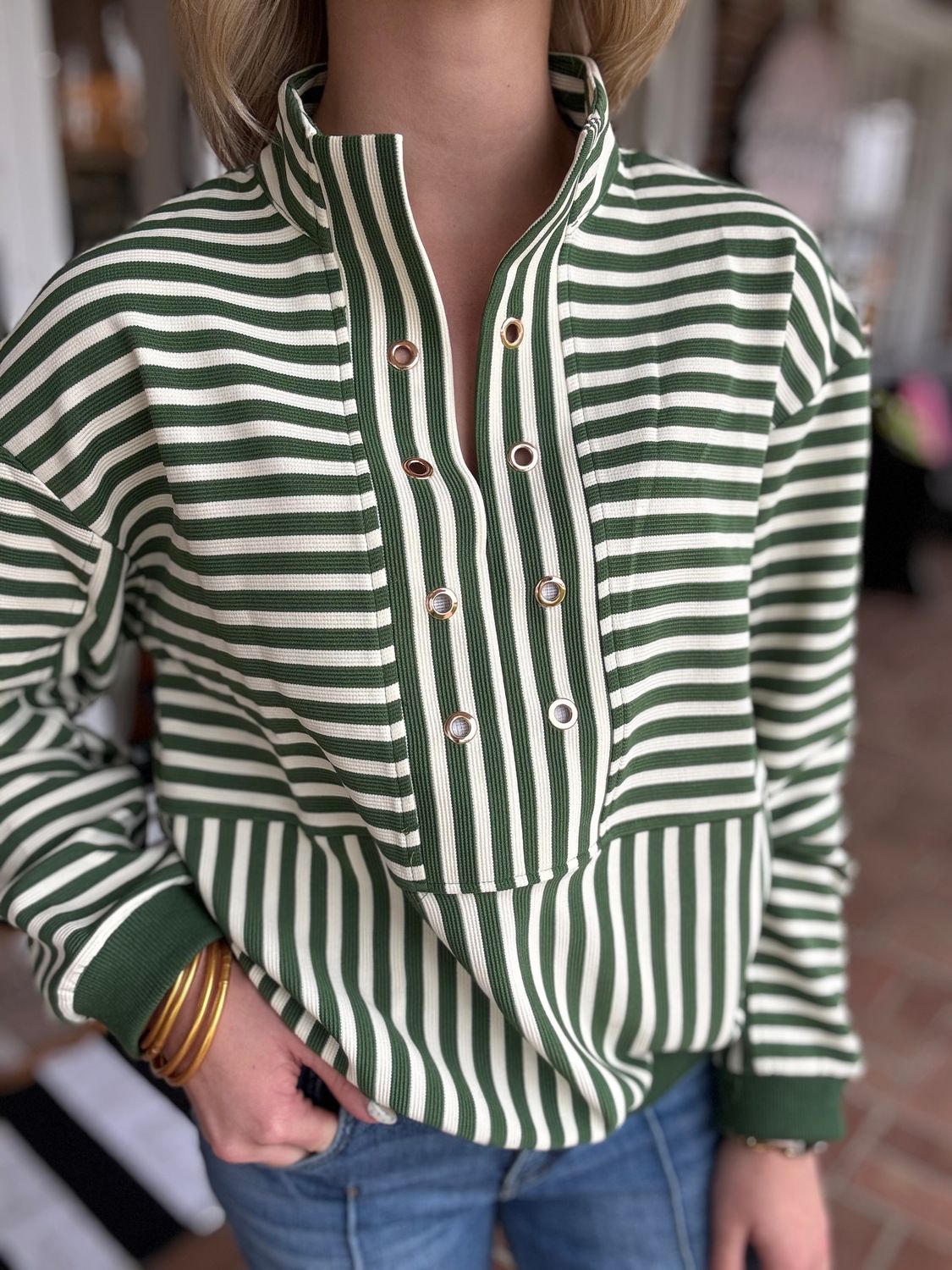 No Turning Back Olive Striped Top With Grommet Detail