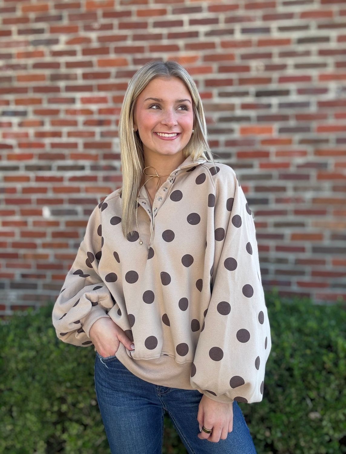 Hot Chocolate, And Long Talks Half-Snap Polka Dot Sweatshirt