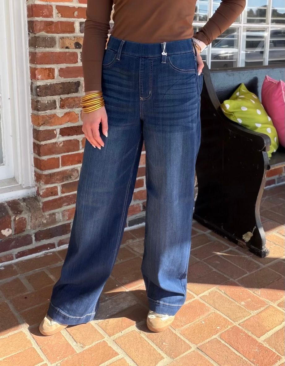 A Casual Stroll High Rise Wide Leg Pull On Dark Denim