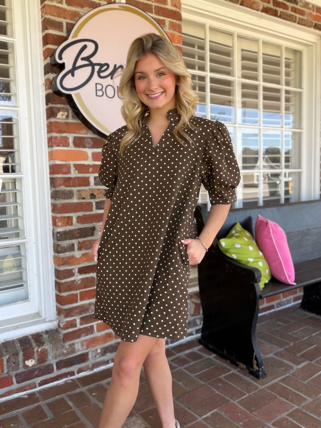 On Good Terms Brown Polka Dot Mini Dress With Puffy Sleeves