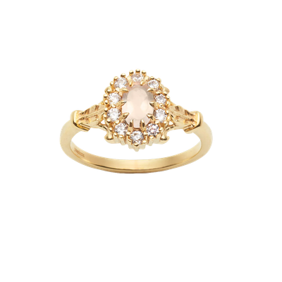 Josephina Jewelry vintage bloemring met sprankelende rozenkwarts edelsteen en witte zirkonia&#39;s rondom, schitterend in een bloemvormige zetting, verkrijgbaar bij Maison Maeva.