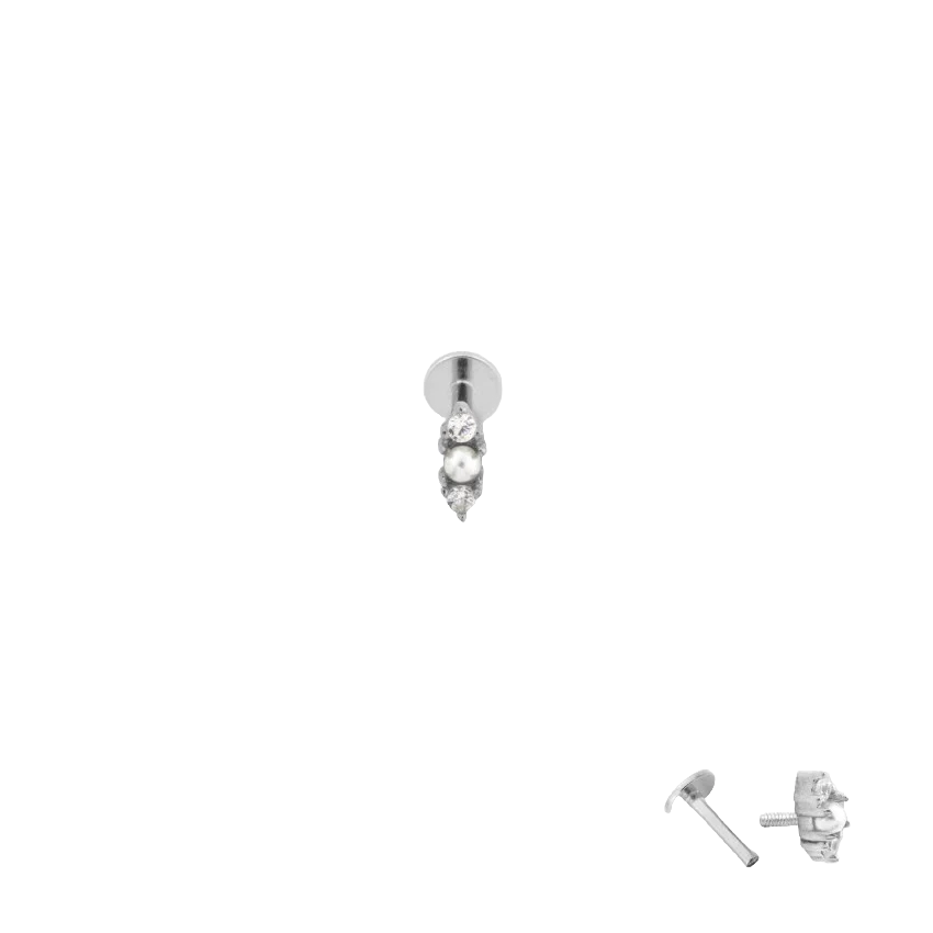 Silver piercing with a pearl between two zirconia stones, made from 925 silver – Xzota
