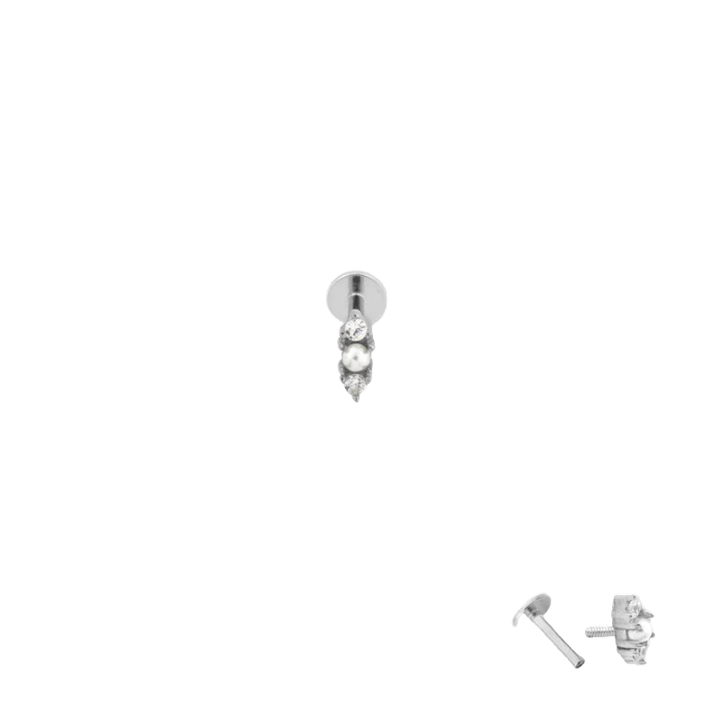 Silver piercing with a pearl between two zirconia stones, made from 925 silver – Xzota
