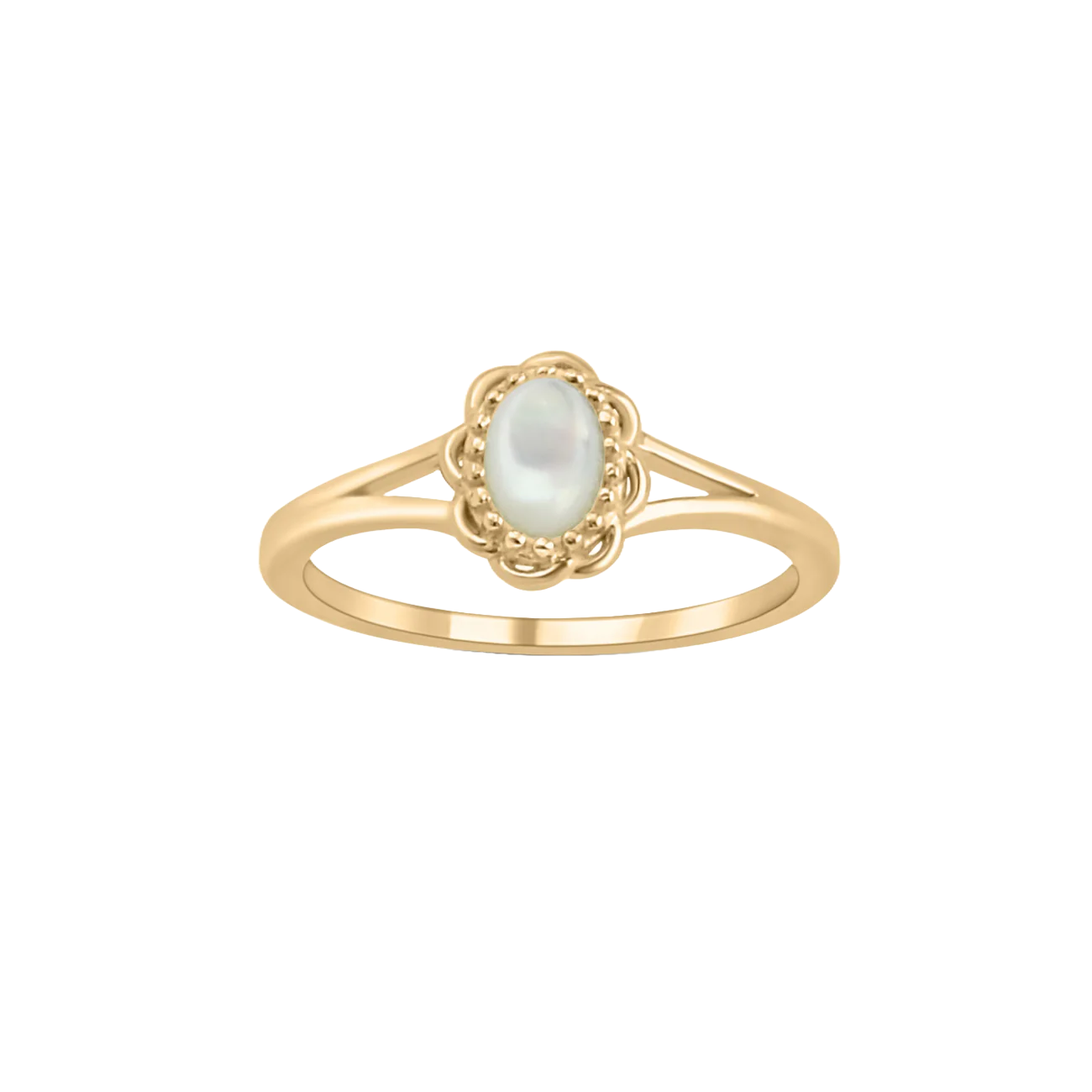 Josephina Mother of Pearl Flower Ring – Gold-plated ring with cabochon-cut mother of pearl stone, known for protection against negative energy and the evil eye.