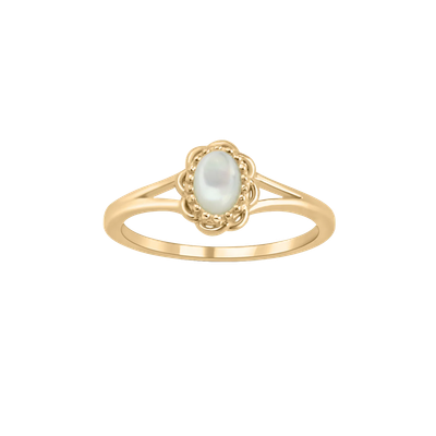 Josephina Mother of Pearl Flower Ring – Gold plated ring met cabochon geslepen parelmoer steen, beschermt tegen negatieve energie en het kwade oog.