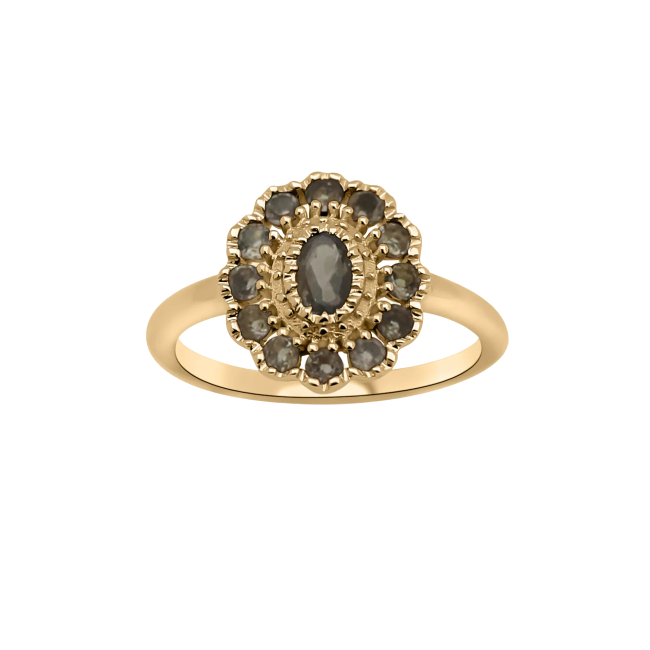Jopsephina - Kae Smoky Flower Ring – Gold-plated brass ring with smoky quartz gemstone in a vintage flower design, perfect for a timeless, elegant look.