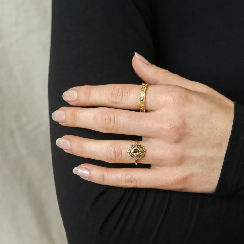 Jopsephina - Kae Smoky Flower Ring worn on hand, displaying its elegant fit and timeless vintage design with smoky quartz.