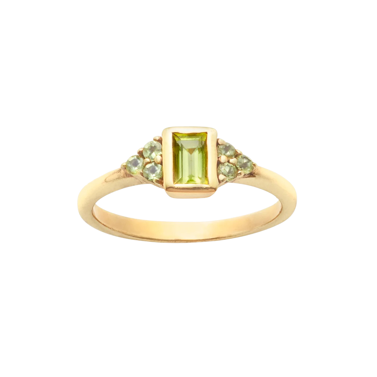 Close-up of the Vintage Peridot Flower Ring, featuring the square peridot gemstone and three smaller peridots on each side in a timeless flower design.
