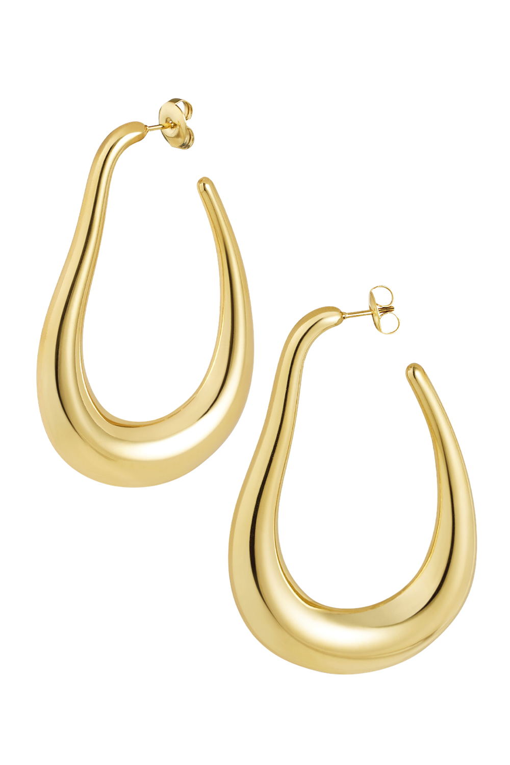 Asymmetrical big gold-colored earrings made of gold-plated stainless steel, lightweight with a modern design.