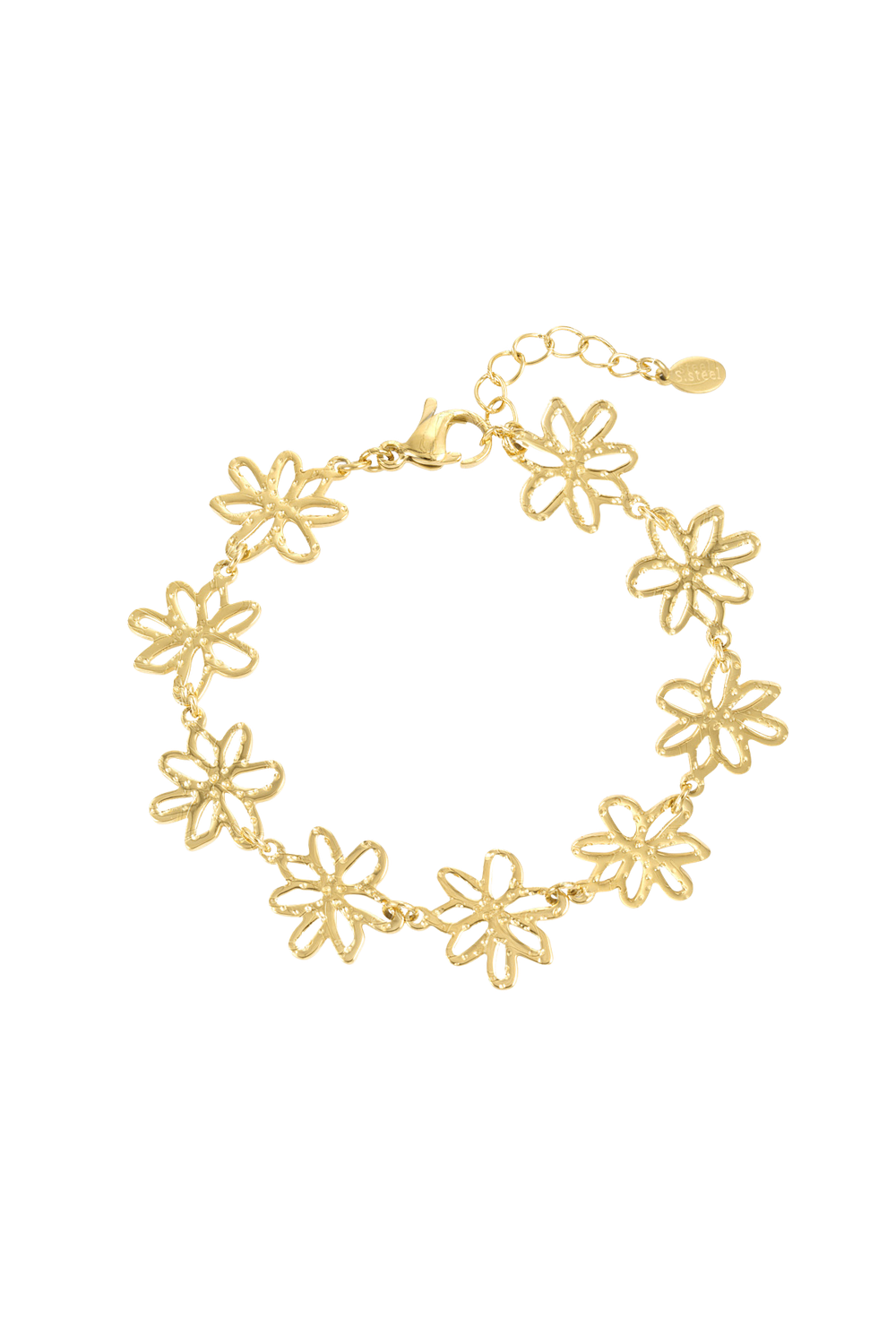 Flower Party Bracelet by Maison Maeva – Stainless steel bracelet with flowers attached on eachother, gold-plated and lightweight.

