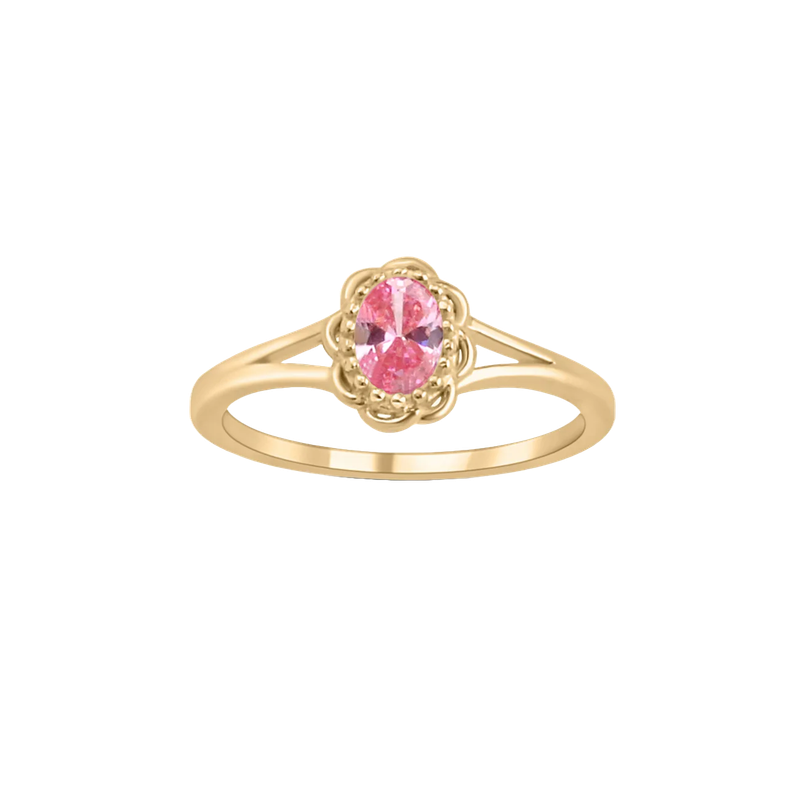 Josephina Pink Flower Ring – Gold-plated brass ring featuring a pink zirconia stone, available in multiple variations including mother of pearl and pink stone.