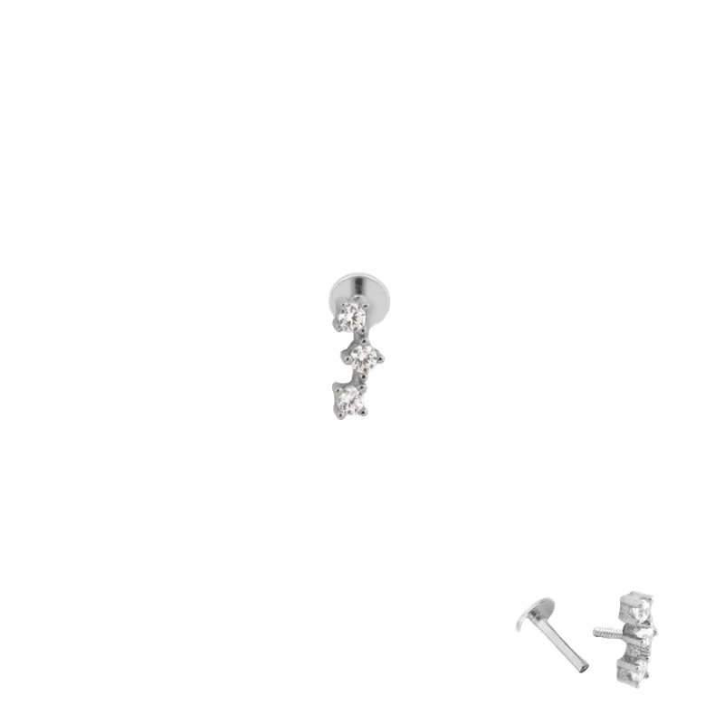 Silver Star Piercing with three stacked stars, each set with zirconia stones, made from 925 silver.