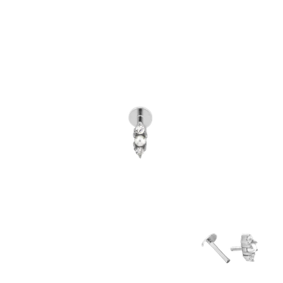 Silver piercing with a pearl between two zirconia stones, made from 925 silver – Xzota
