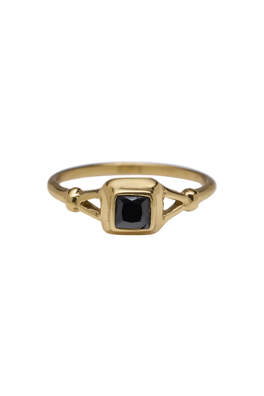 Xzota Black Onyx Stone Brass Ring with square onyx stone, handmade in Bali, Maison Maeva.
