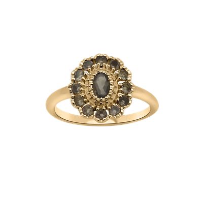 Jopsephina - Kae Smoky Flower Ring – Gold-plated brass ring with smoky quartz gemstone in a vintage flower design, perfect for a timeless, elegant look.