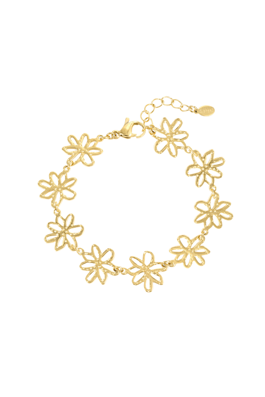 Flower Party Bracelet by Maison Maeva – Stainless steel bracelet with flowers attached on eachother, gold-plated and lightweight.

