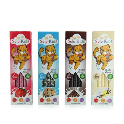 Sip Sip Straws Pack 4 cajas variedad: 1 Sabor Galleta, 1 Sabor Fresa, 1 Sabor Chocolate, 1 Sabor Vainilla.