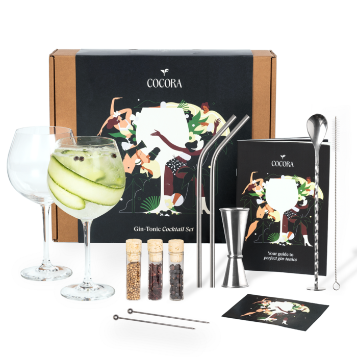 Cocora Gin Tonic Gift Set - 12-piece Stainless Steel Cocktail Set - Tritan® Crystal Glass - Cocktail Book