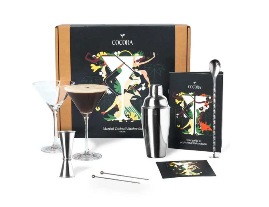 Cocora Martini Gift Set - 8-piece Stainless Steel Cocktail Set - Cocktail Shaker - V-shaped Martini Glasses - Cocktail Book
