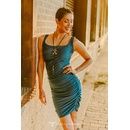 Teal satin stretch ruched tank dress