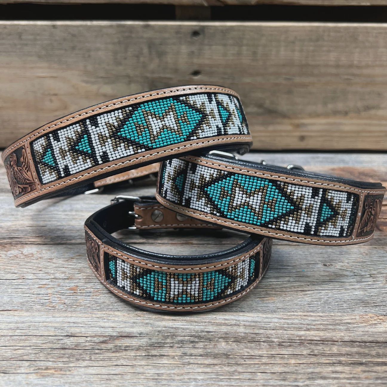 Light oil turquoise beaded dog collar small
