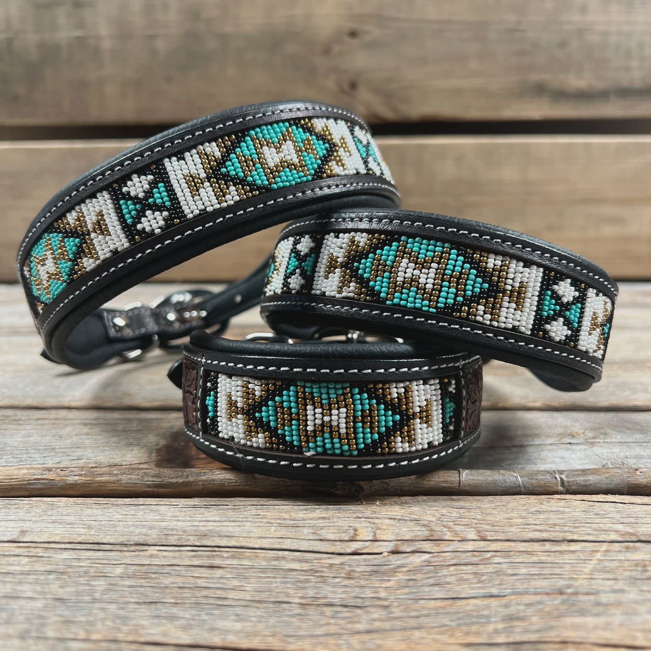 Turquoise and gold beaded dog collar large