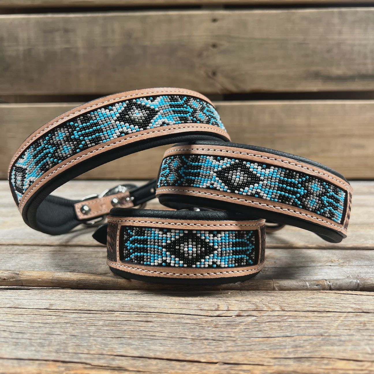Light blue and black beaded dog collar small