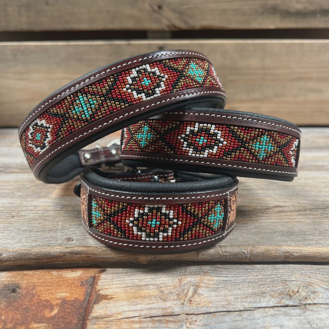 Red and brown beaded dog collar Small