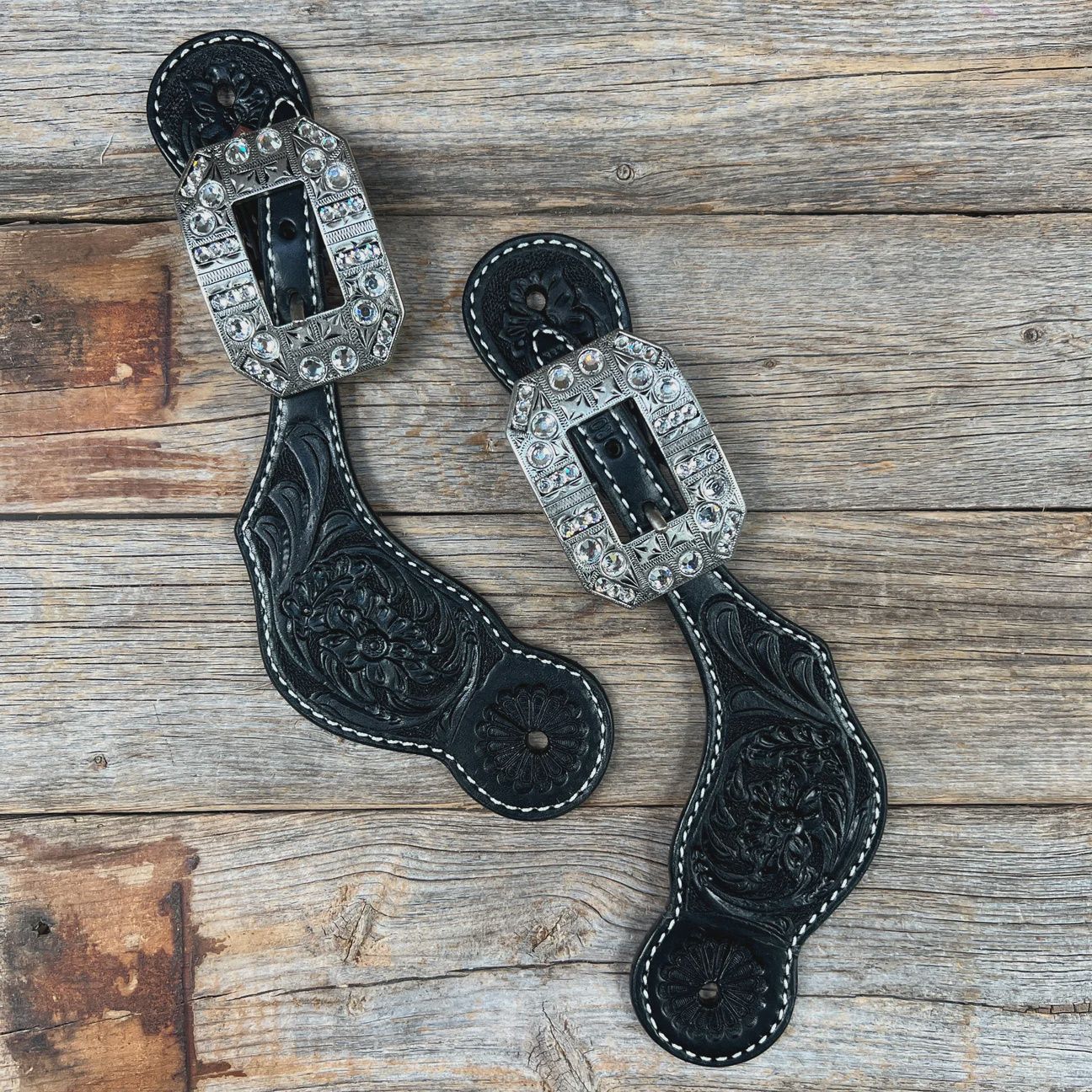 Black floral tooled spur straps-european clear buckles