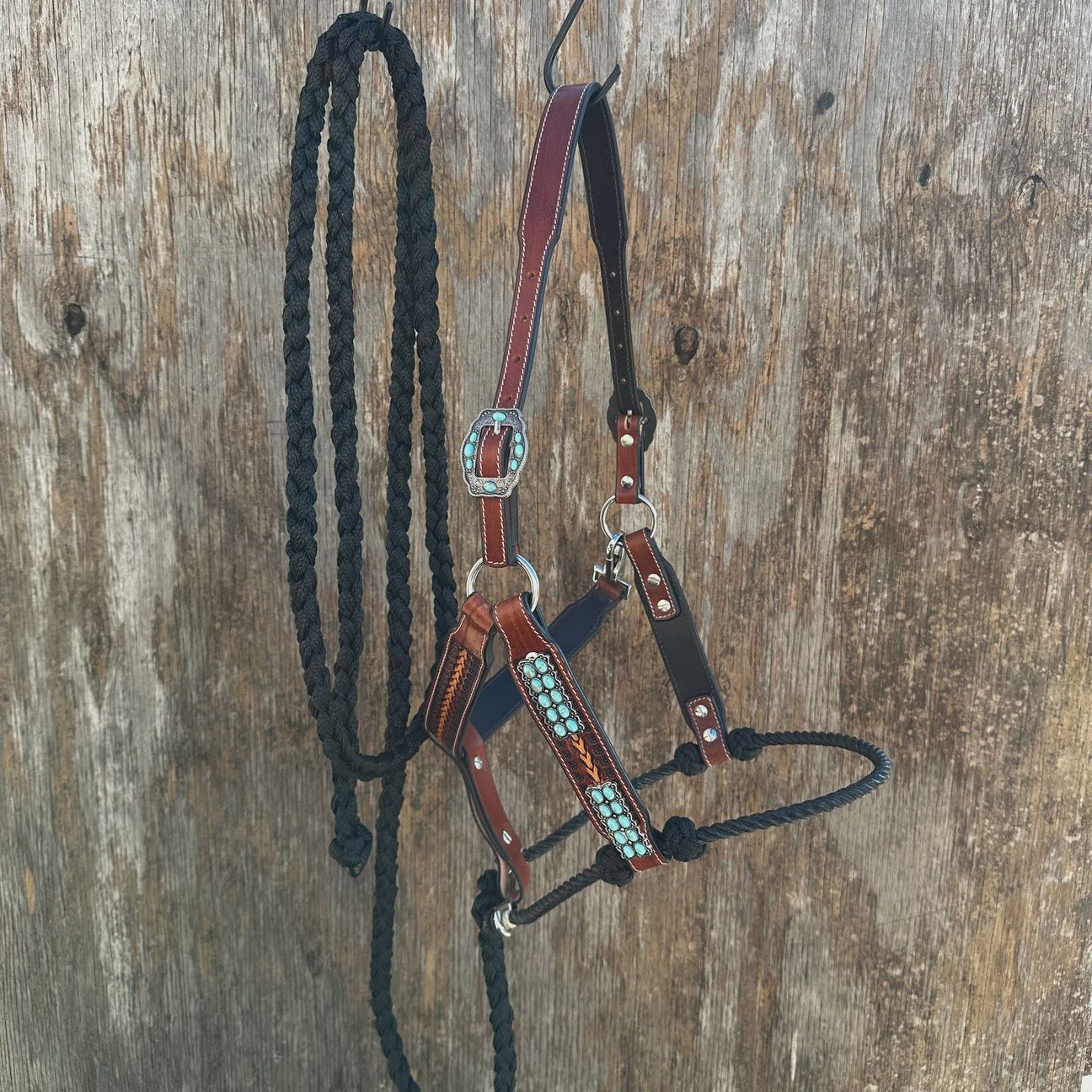 Fox tail tooled lariat &amp; leather combo halter