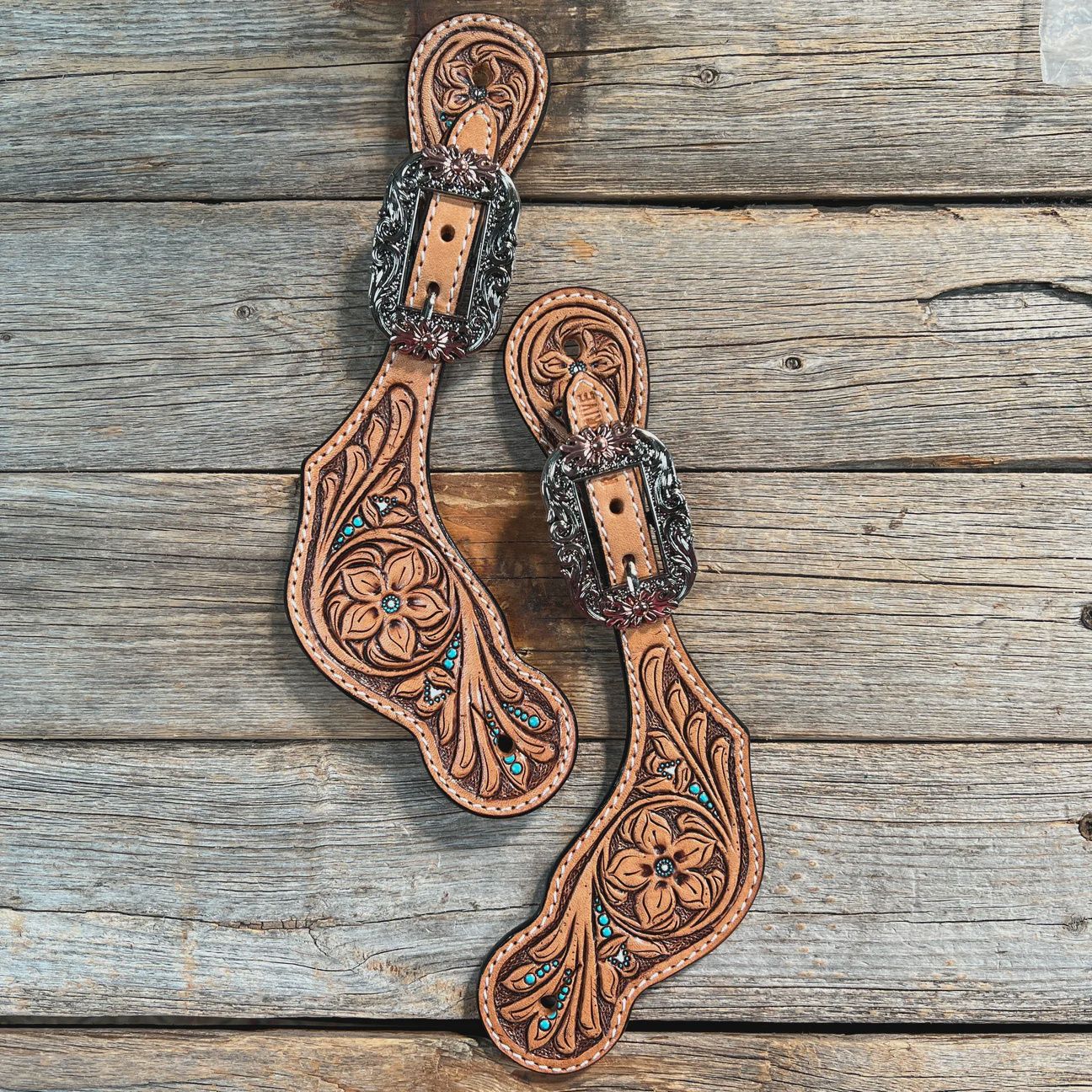 Floral teal dot spur straps-copper flower