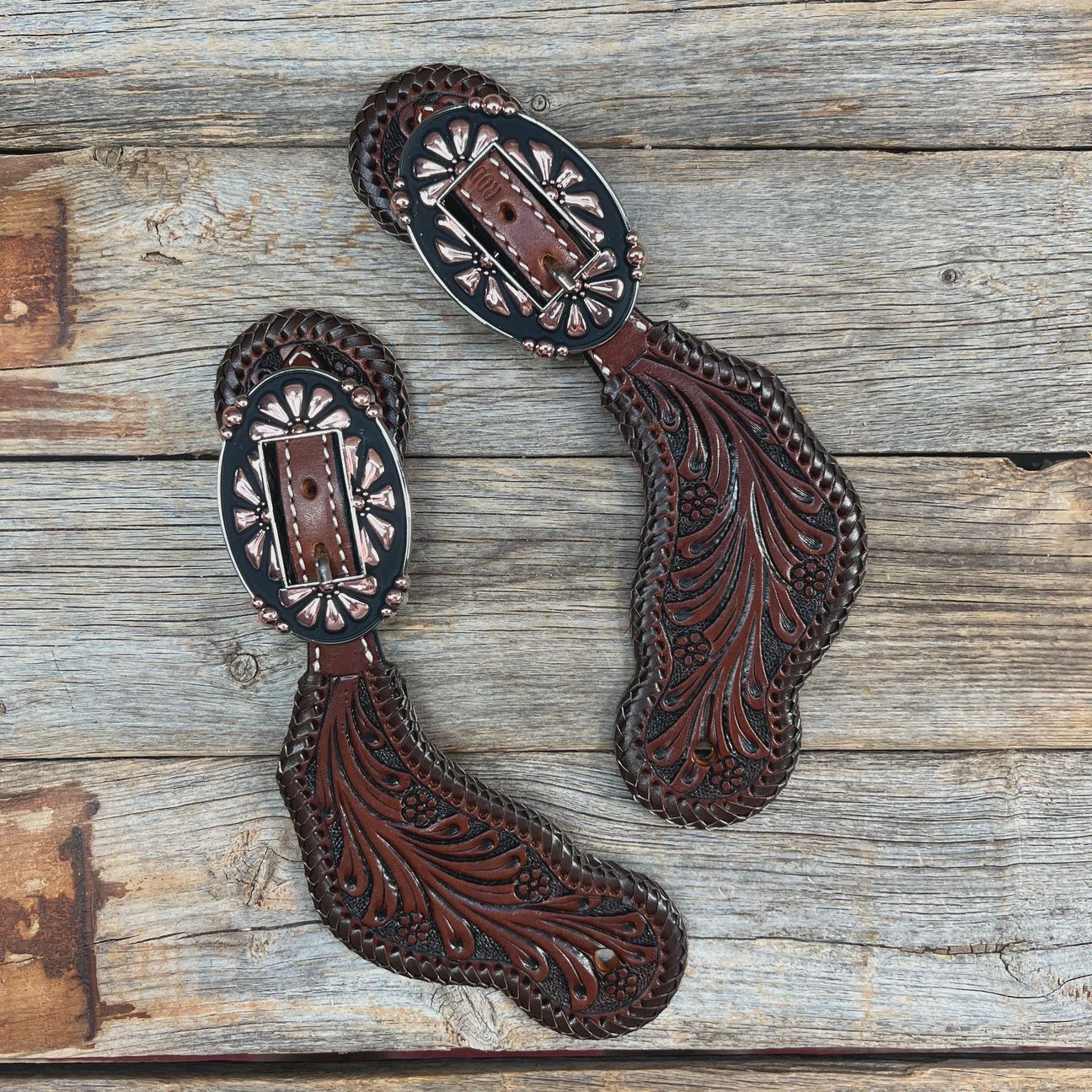 Dark oil whipstitch copper flower spur straps-copper flower