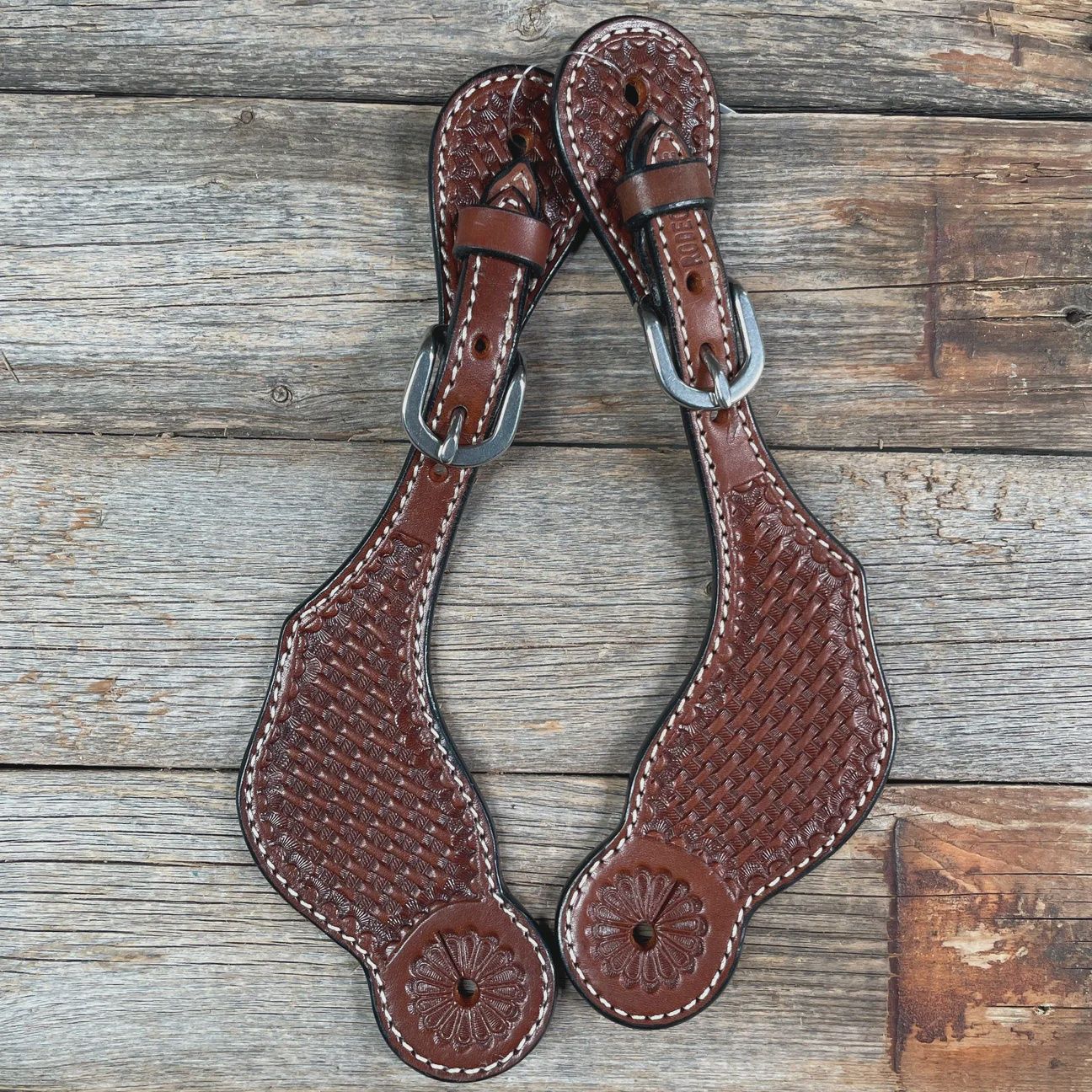 Medium oil basketweave tooled spur straps