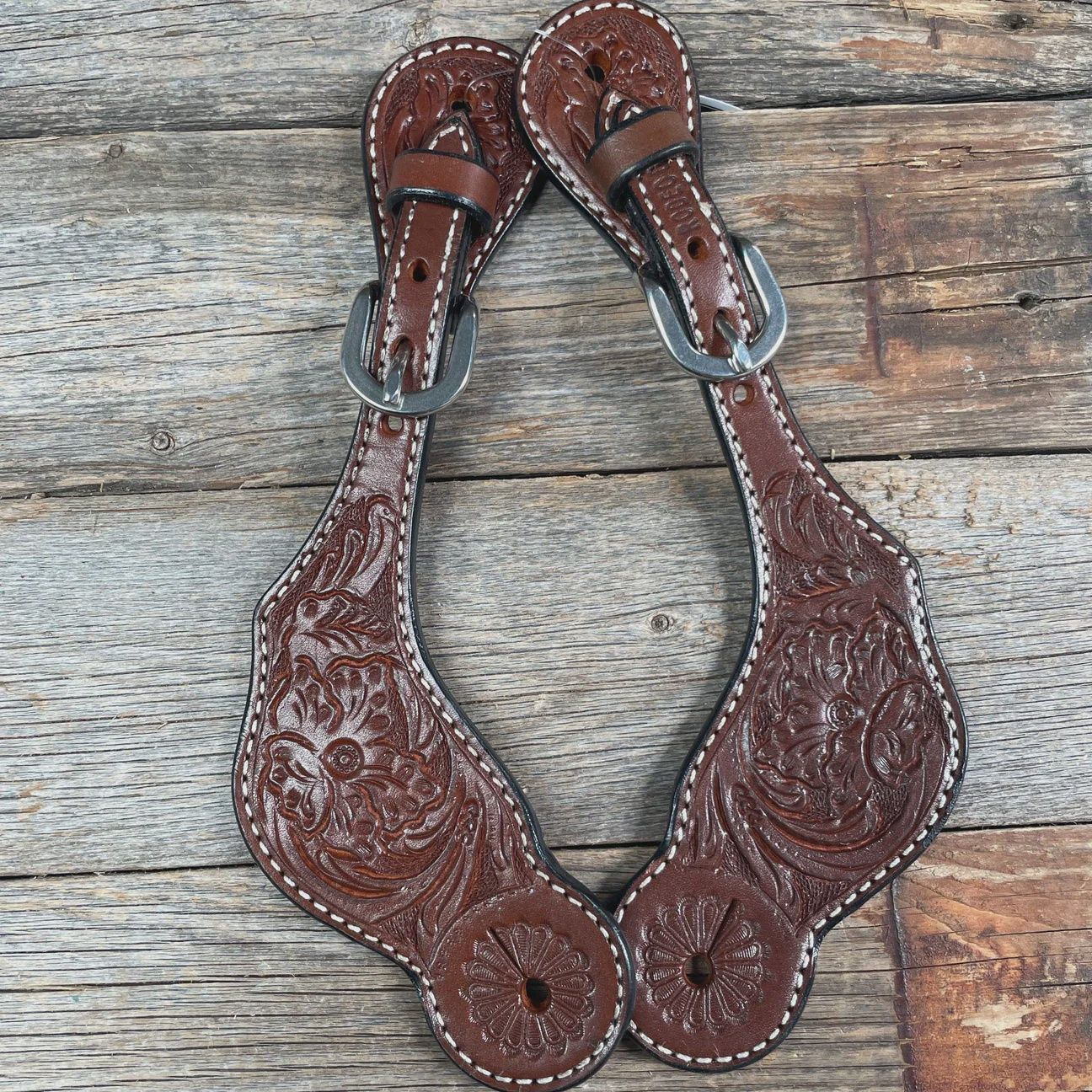 Medium oil floral tooled spur straps