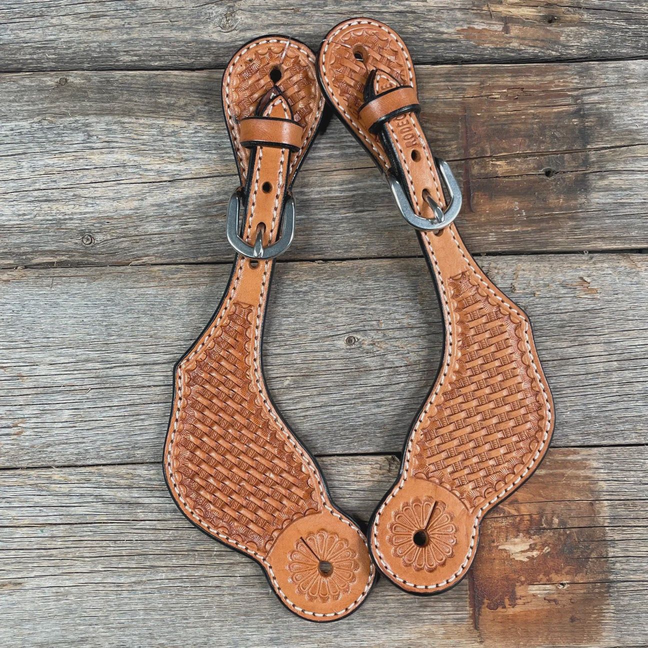 Light oil basketweave tooled spur straps