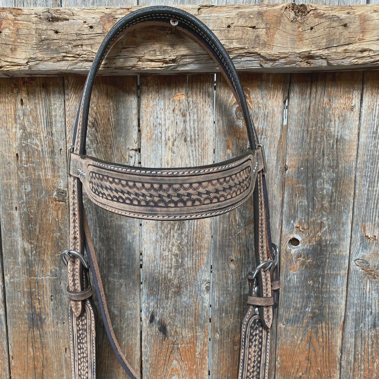 Brushed buckskin white stitch browband